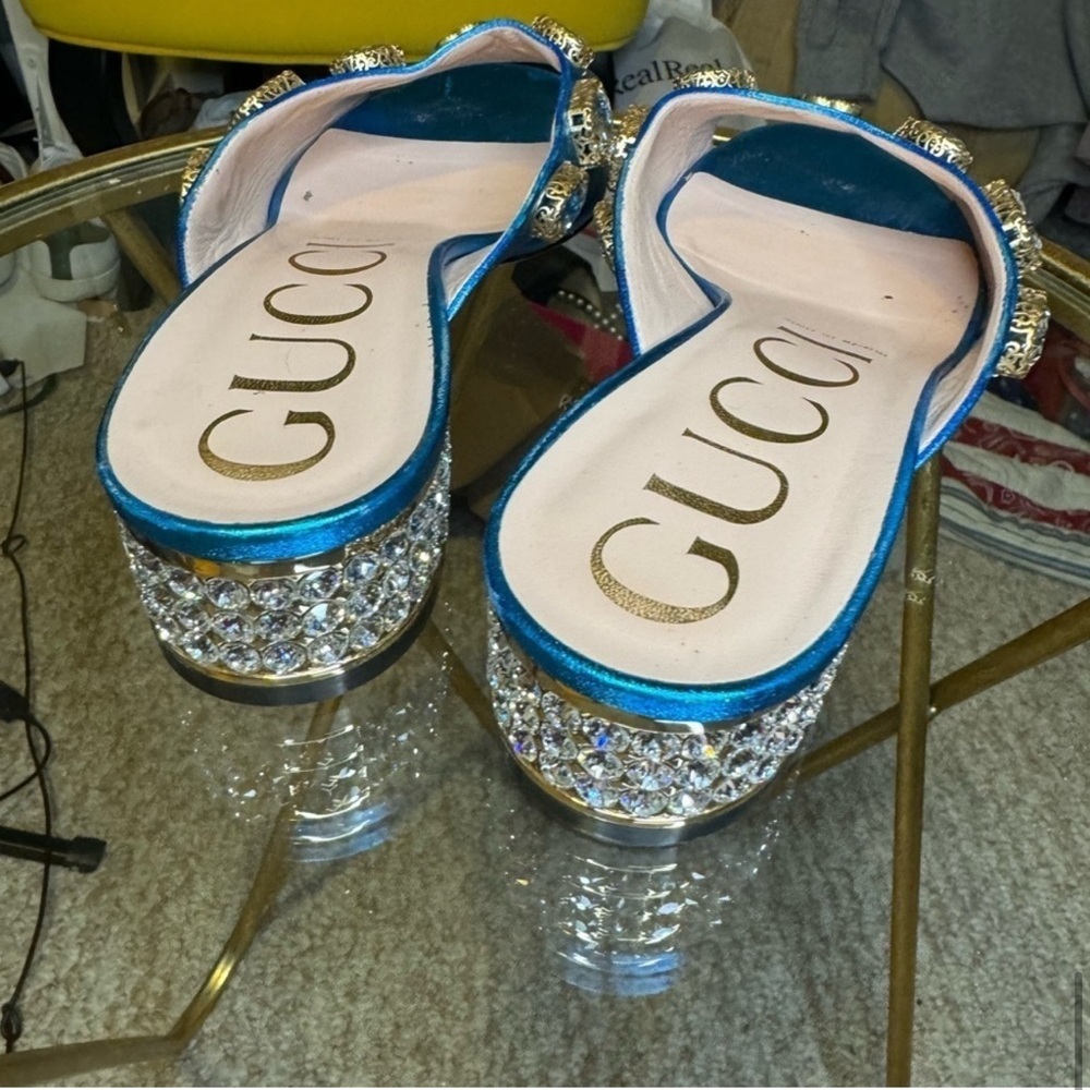 Gucci Metallic Blue Embellished Mules - Picture 2 of 11